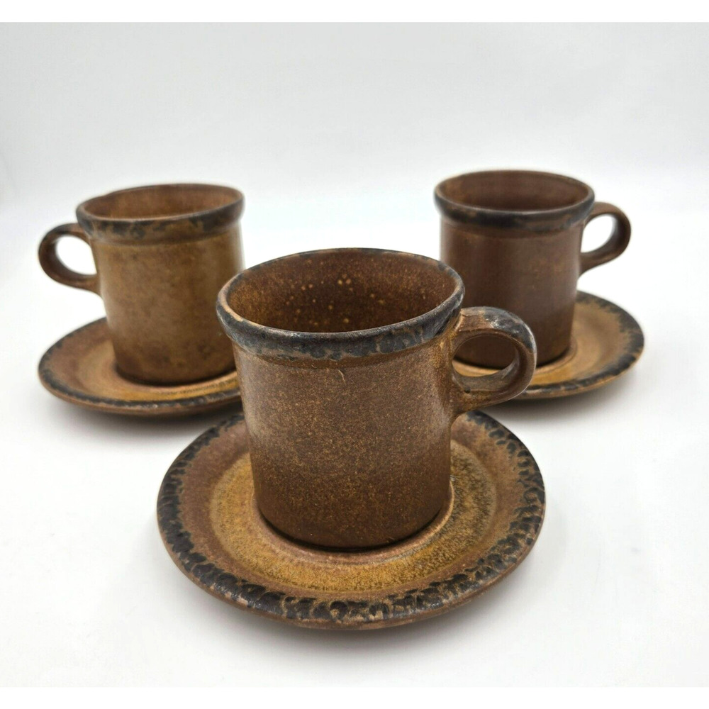 3 Vtg MCM Nelson McCoy Pottery Canyon Coffee Cup & Underplate Set Mesa Brown